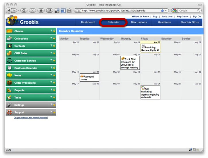 What is the quot Calendar quot in the main menu bar?